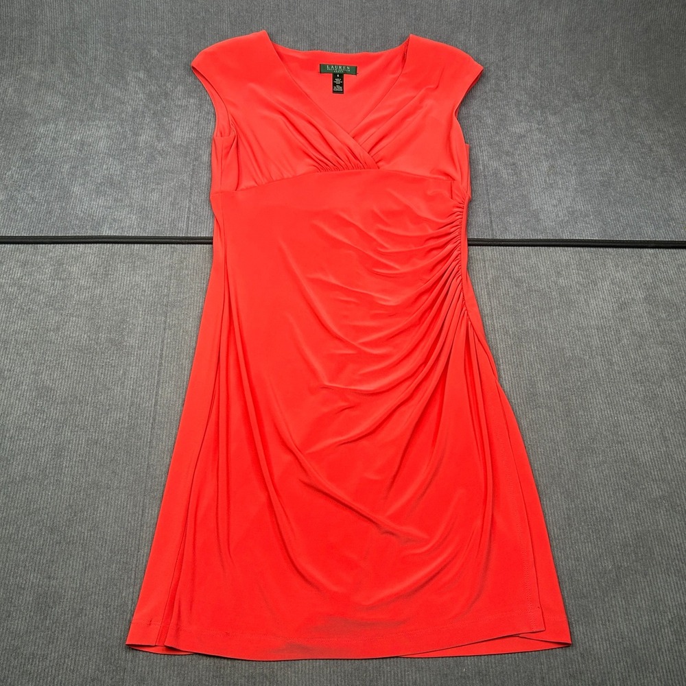 Lauren Ralph Lauren Y2k Dress Red Ruched Surplice V-Neck Sheath Size 6
